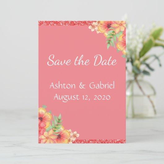  koraal Floral roze Save The Date (Staand voorkant)