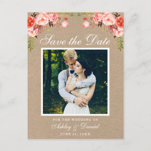 Koraal Floral Save the Date Photo Kraft Aankondigingskaart