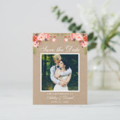 Koraal Floral Save the Date Photo Kraft Aankondigingskaart (Staand voorkant)