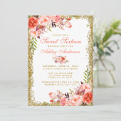 Koraal Floral Sweet 16 Gold Glitter Birthday Invit Kaart (Staand voorkant)