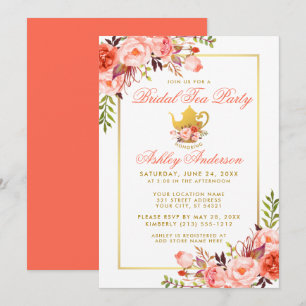 Koraal Floral Vrijgezellenfeest Tea Party Gold Inv Kaart