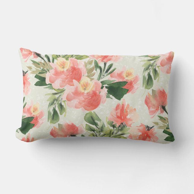 Koraal Floral Waterverf Lumbar Sierkussen Kussen (Voorkant)