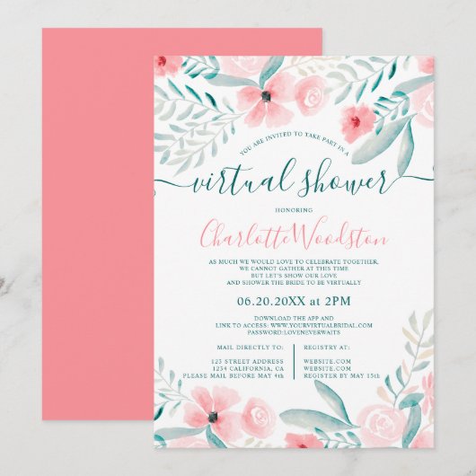 Koraal florale waterverf script virtuele douche kaart (Voorkant / Achterkant)