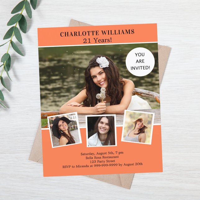 Koraal foto collage verjaardag uitnodiging (Creator heeft geüpload)