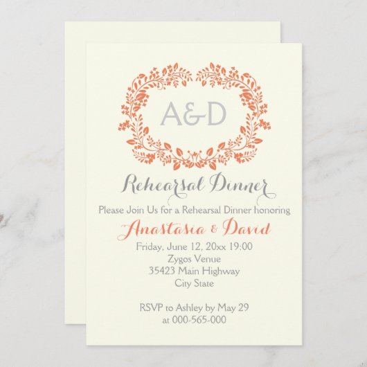 Koraal gebladerte initialen bruiloft repetitie din kaart (Voorkant / Achterkant)