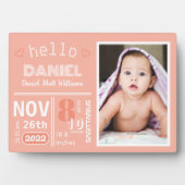 Koraal Geboorte Aankondiging Baby Foto Plaque Fotoplaat (voorkant)