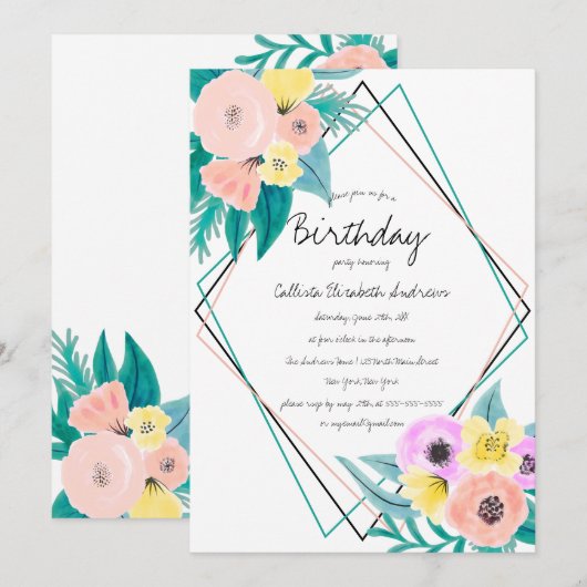 Koraal Geel Bloemen Waterverf Geo Lijst Verjaardag Kaart (Voorkant / Achterkant)