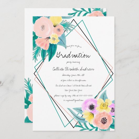 Koraal Geel Bloemen Waterverf Lijst Afstuderen Kaart (Voorkant / Achterkant)