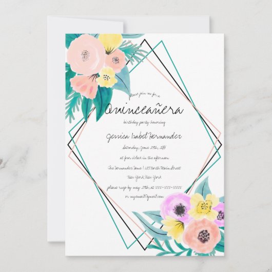 Koraal Geel Bloemen Waterverf Lijst Quinceañera Kaart (Voorkant)