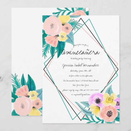 Koraal Geel Bloemen Waterverf Lijst Quinceañera Kaart (Voorkant / Achterkant)