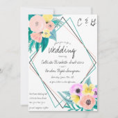 Koraal Geel Bloemig Waterverf Geo Frame Bruiloft Kaart (Voorkant)