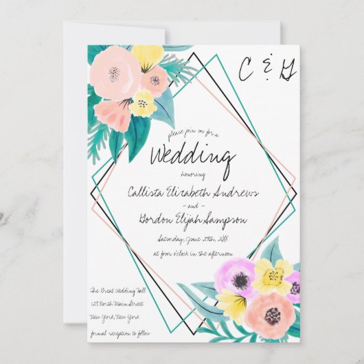 Koraal Geel Bloemig Waterverf Geo Frame Bruiloft Kaart (Voorkant)