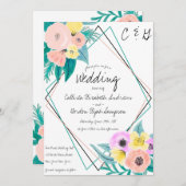 Koraal Geel Bloemig Waterverf Geo Frame Bruiloft Kaart (Voorkant / Achterkant)