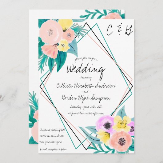 Koraal Geel Bloemig Waterverf Geo Frame Bruiloft Kaart (Voorkant / Achterkant)