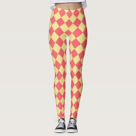 Koraal Geel Checker Diamant Patroon Leggings (Voorkant)