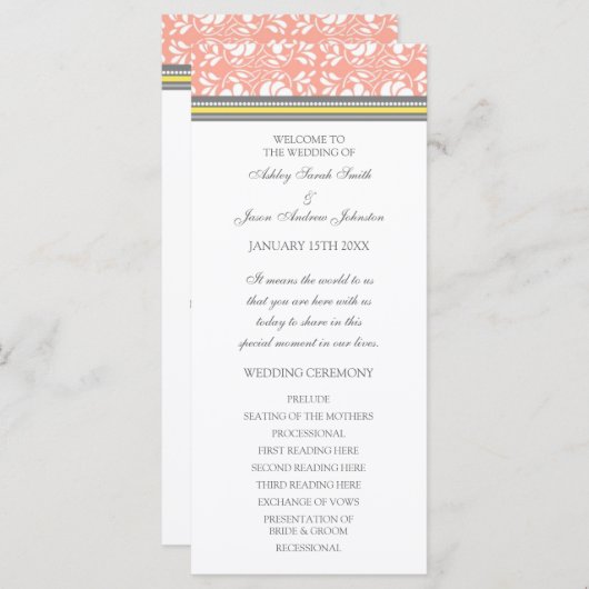 Koraal Geel Grijs Damast Trouwprogramma Programmakaart (Voorkant / Achterkant)