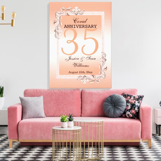 Koraal Gem en Glitter 35th Wedding Jubileum Canvas Afdruk (Insitu (Woonkamer))