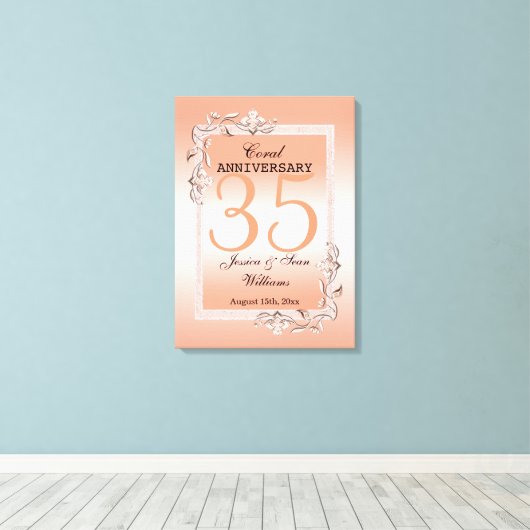 Koraal Gem en Glitter 35th Wedding Jubileum Canvas Afdruk (Insitu (Houten vloer))