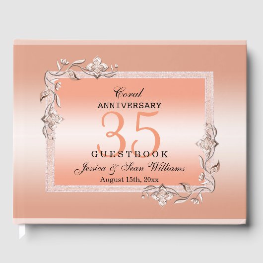 Koraal Gem en Glitter 35th Wedding Jubileum Gastenboek (Voorkant)
