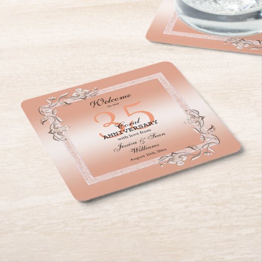 Koraal Gem en Glitter 35th Wedding Jubileum Kartonnen Onderzetters (Schuin)