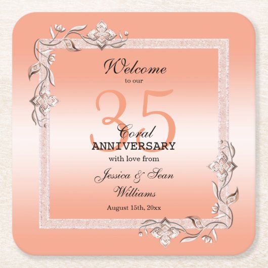 Koraal Gem en Glitter 35th Wedding Jubileum Kartonnen Onderzetters (Voorkant)