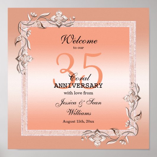 Koraal Gem en Glitter 35th Wedding Jubileum Poster (Voorkant)