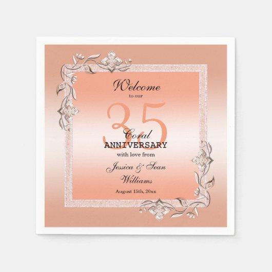 Koraal Gem en Glitter 35th Wedding Jubileum Servet (Voorkant)