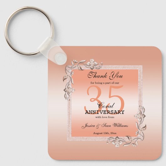 Koraal Gem en Glitter 35th Wedding Jubileum Sleutelhanger (Voorkant)