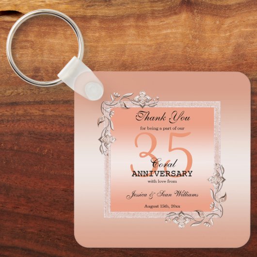 Koraal Gem en Glitter 35th Wedding Jubileum Sleutelhanger (Voorkant)