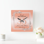 Koraal Gem en Glitter 35th Wedding Jubileum Vierkante Klok (Huis)