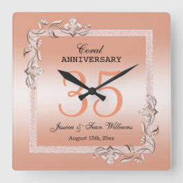 Koraal Gem en Glitter 35th Wedding Jubileum Vierkante Klok