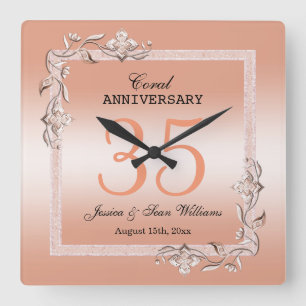 Koraal Gem en Glitter 35th Wedding Jubileum Vierkante Klok