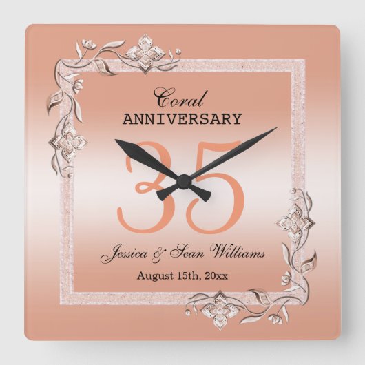Koraal Gem en Glitter 35th Wedding Jubileum Vierkante Klok (Voorkant)