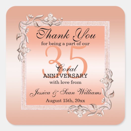 Koraal Gem en Glitter 35th Wedding Jubileum Vierkante Sticker (Voorkant)