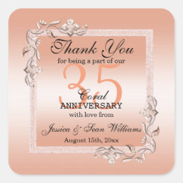 Koraal Gem en Glitter 35th Wedding Jubileum Vierkante Sticker