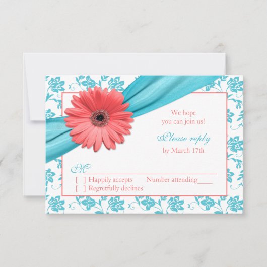 Koraal Gerber Daisy Aqua Damask Bloemen Huwelijk R RSVP Kaartje (Voorkant)