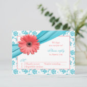 Koraal Gerber Daisy Aqua Damask Bloemen Huwelijk R RSVP Kaartje (Staand voorkant)