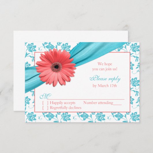 Koraal Gerber Daisy Aqua Damask Bloemen Huwelijk R RSVP Kaartje (Voorkant / Achterkant)