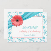 Koraal Gerber Daisy Aqua Damask Bloemen Huwelijk R Uitnodiging Briefkaart (Voorkant / Achterkant)