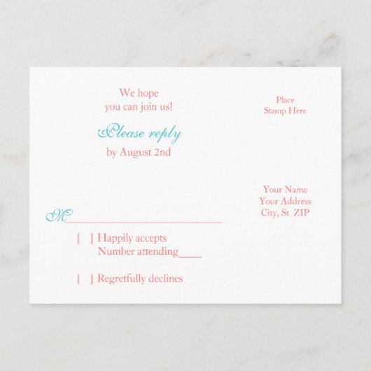 Koraal Gerber Daisy Aqua Damask Bloemen Huwelijk R Uitnodiging Briefkaart (Achterkant)