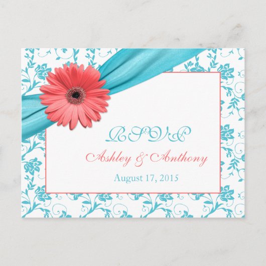 Koraal Gerber Daisy Aqua Damask Bloemen Huwelijk R Uitnodiging Briefkaart (Voorkant)