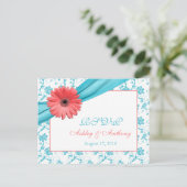 Koraal Gerber Daisy Aqua Damask Bloemen Huwelijk R Uitnodiging Briefkaart (Staand voorkant)