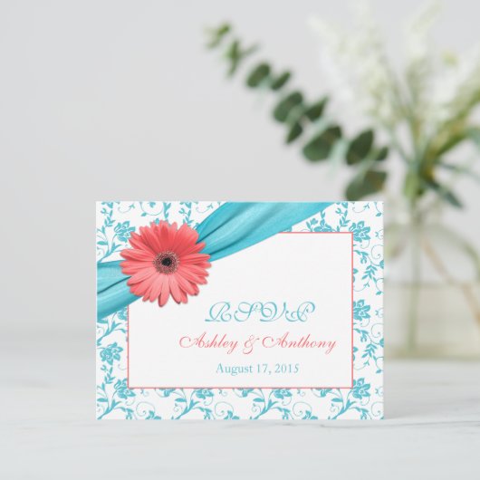 Koraal Gerber Daisy Aqua Damask Bloemen Huwelijk R Uitnodiging Briefkaart (Staand voorkant)