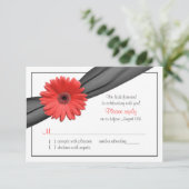 Koraal Gerber Daisy Grey Lint Bruiloft RSVP Kaartje (Staand voorkant)