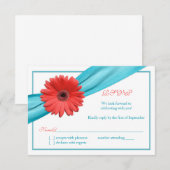 Koraal Gerbera Madeliefje Aqua Lint Trouw Huwelijk RSVP Kaartje (Voorkant / Achterkant)
