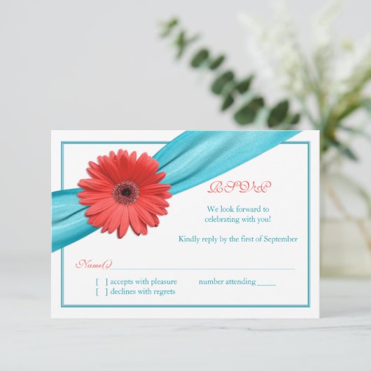 Koraal Gerbera Madeliefje Aqua Lint Trouwkaart Ant RSVP Kaartje (Staand voorkant)