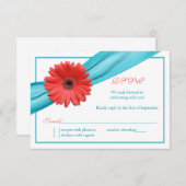 Koraal Gerbera Madeliefje Aqua Lint Trouwkaart Ant RSVP Kaartje (Voorkant / Achterkant)