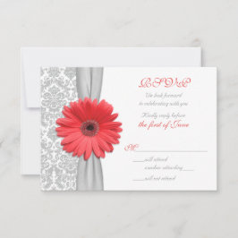 Koraal Gerbera Madeliefje Grijs Damast Trouw RSVP  Kaartje