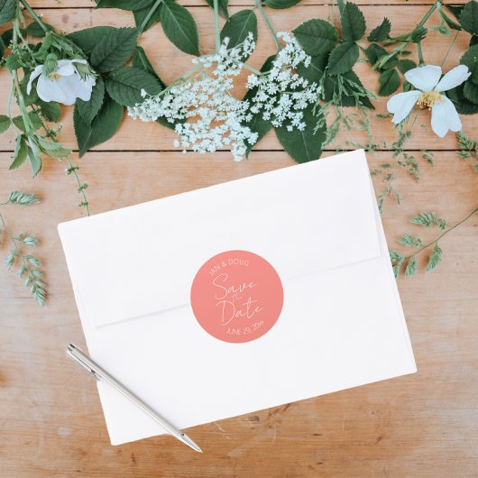 Koraal gestileerde bruiloft Save the Date Ronde Sticker