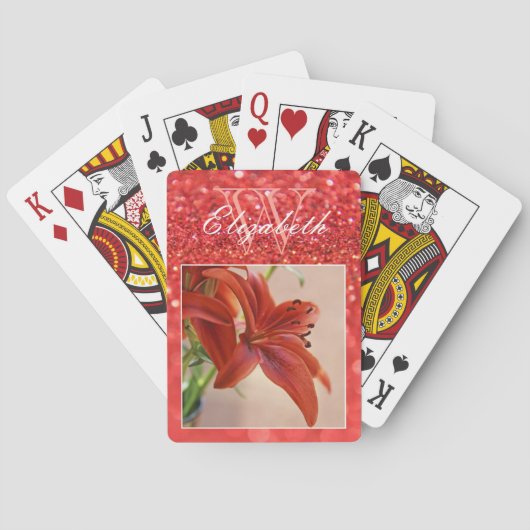 Koraal Girly Glitter Sparkles Monogram Aangepaste Pokerkaarten (Achterkant)